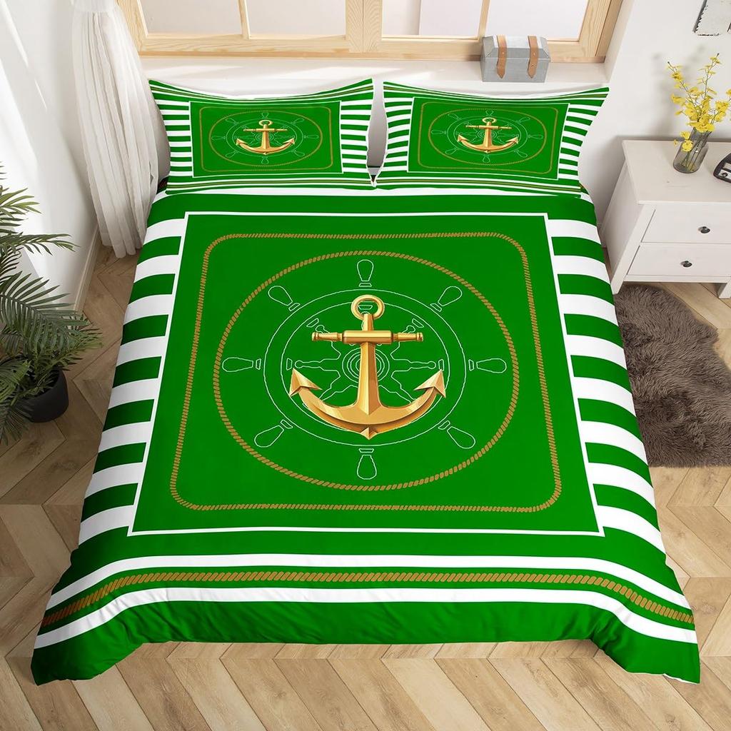 Anchor Compas Soft Duvet Cover Nautical Warm Comforter Cover Ful King Geometric Stripes Beding Set Coastal Adventure Theme Comfortable Quilt Cover