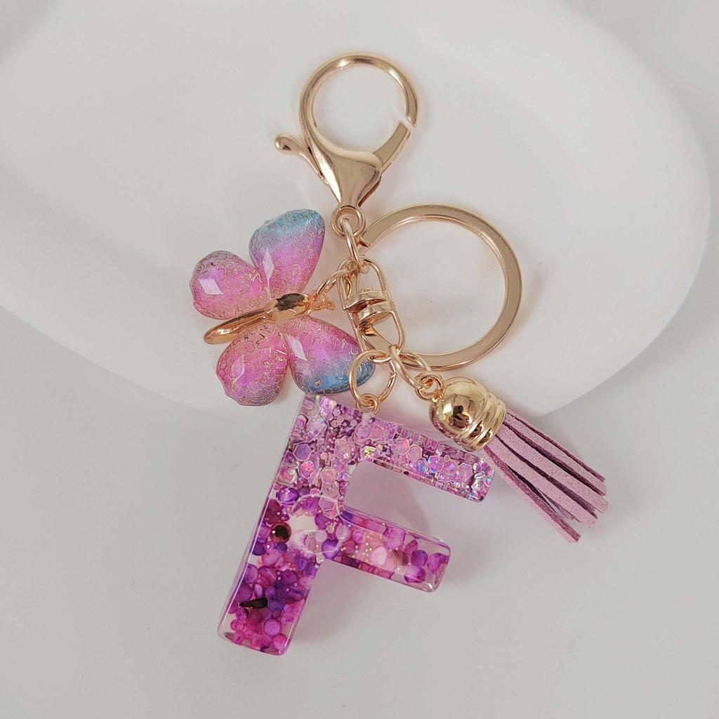 Purple Iridescent Resin Letter Keychain with Butterfly Tassel