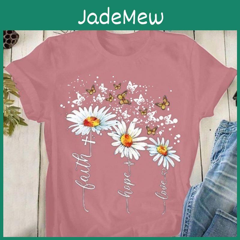Sleeved Womens Summer Tshirt Short Round Neck Casual Flower Loose Anime Print Shirt