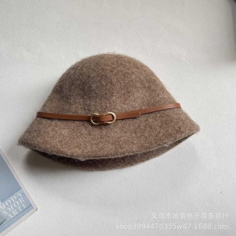 Hat female autumn and winter face small bucket hat leather buckle decorative versatile wool knitted hat foldable thermal basin hat female