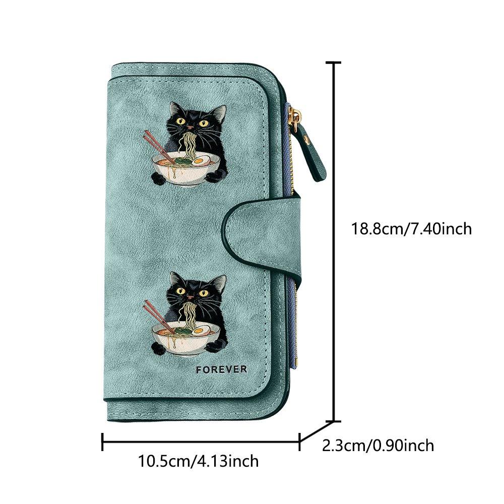 Black Cat Eating Ramen Long Zipper Wallet, Large Capacity Card Holder, Unisex Clutch Bag, Fashionable Zipper Coin Purse, Suitable for Daily Use, A