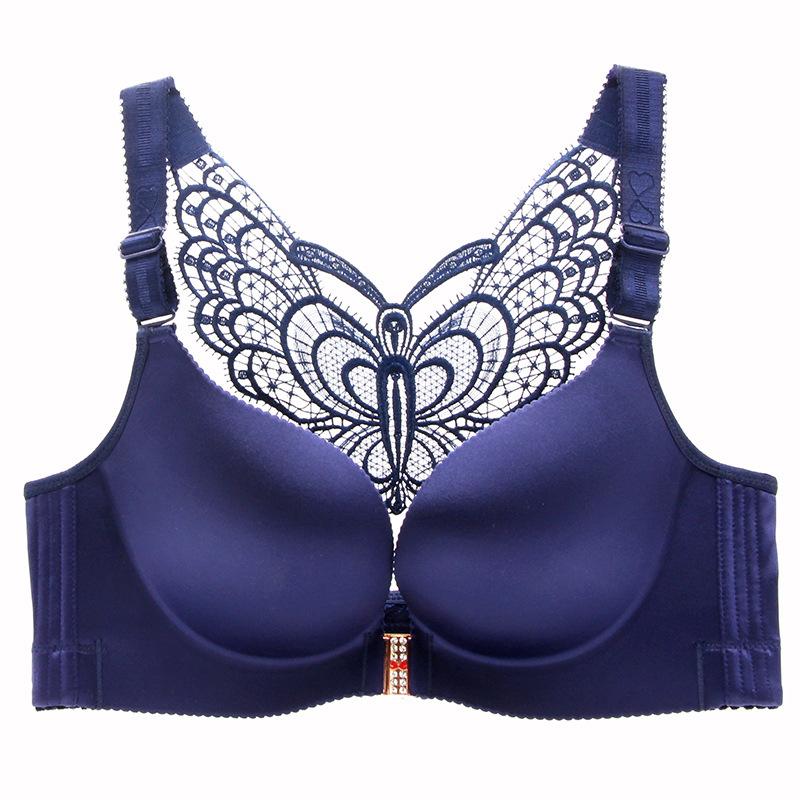 Simple Solid Butterfly Pattern Bra, Comfy & Breathable Buckle Front Underwire Push Up Bra, Women's Lingerie & Underwear