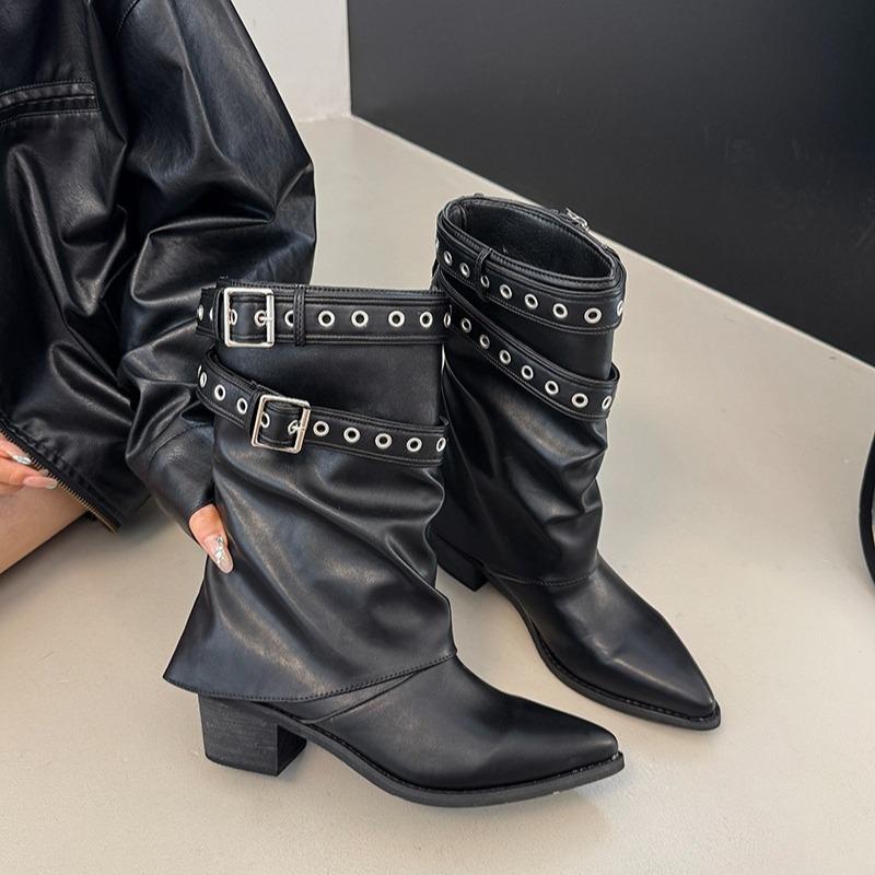 Fashion 2025 New Metal Belt Buckle Block Heel Single Boots Women's Fashion Pointed Toe Sleeve Pleated Mid-Cylinder Stack Boots
