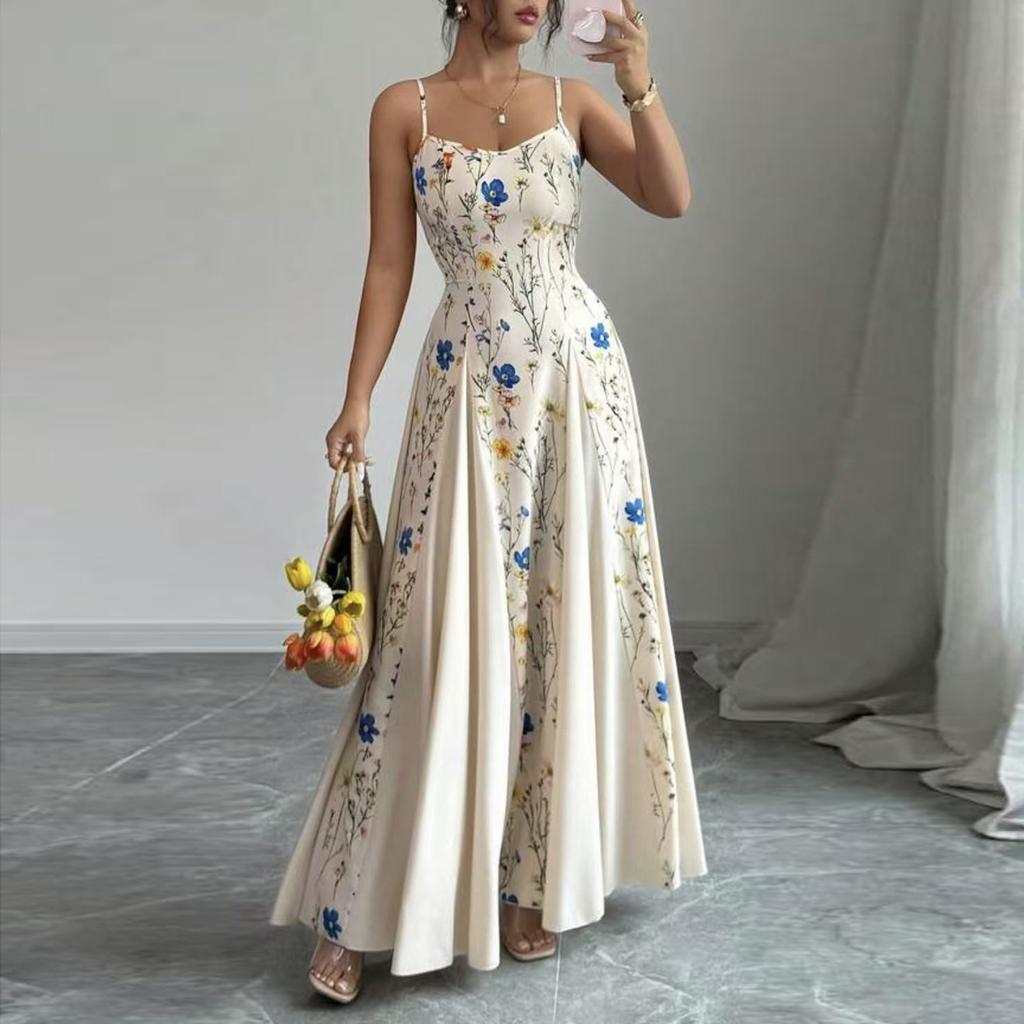 Women's Sleeveless Spaghetti Strap Floral Print Maxi Dress Fitted Waist Casual Summer Long Dress for Daily Wear