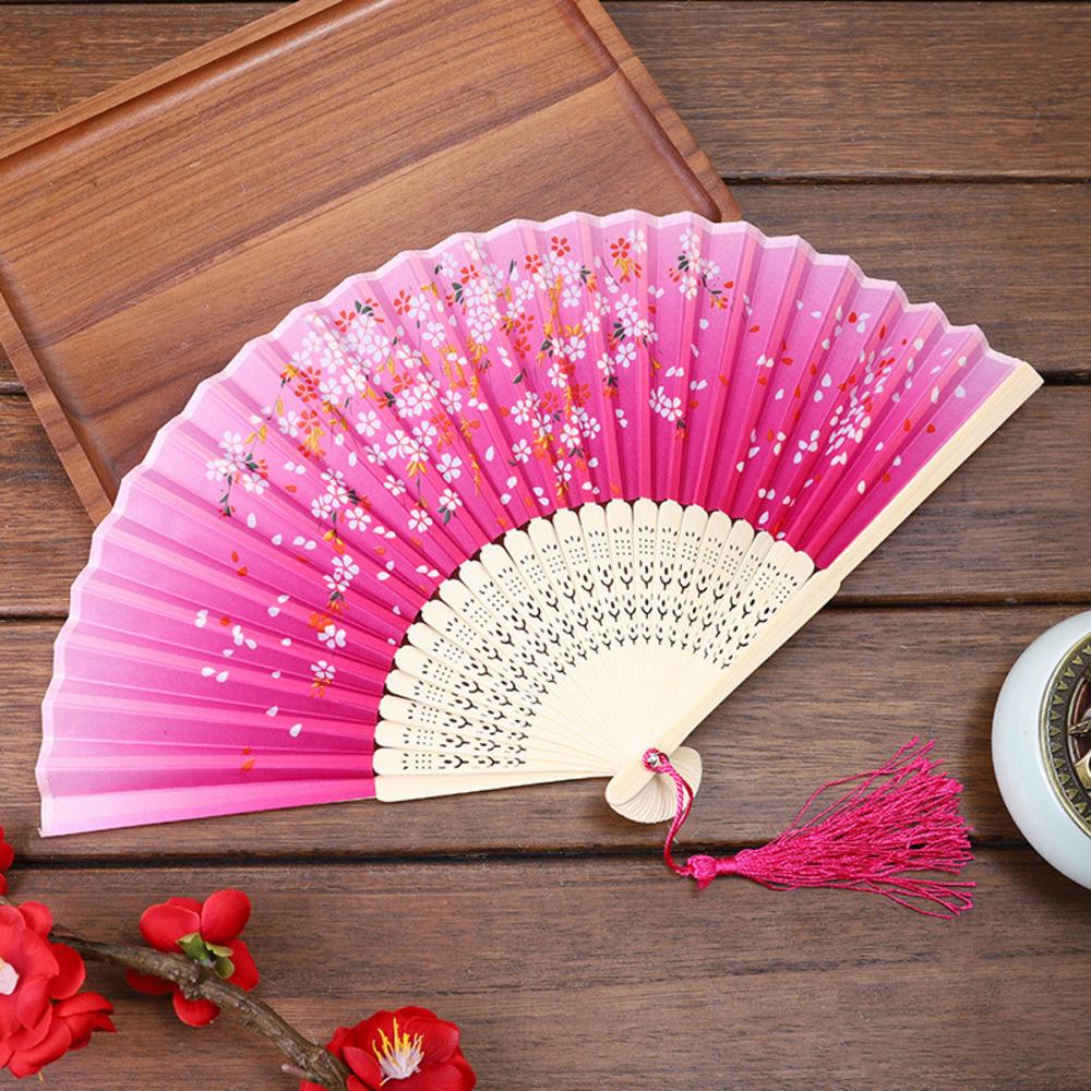 Chinese Japanese Folding Fan Wooden Shank Classical Dance Fan Tassel Elegent Female Fan Party Art Craft Gift Home Decoration