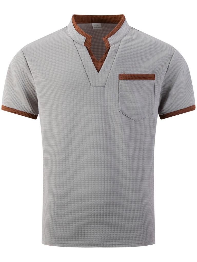 Men's Breathable Plaid V-Neck Short Sleeve Casual T-Shirt with Contrast and Versatile Pocket