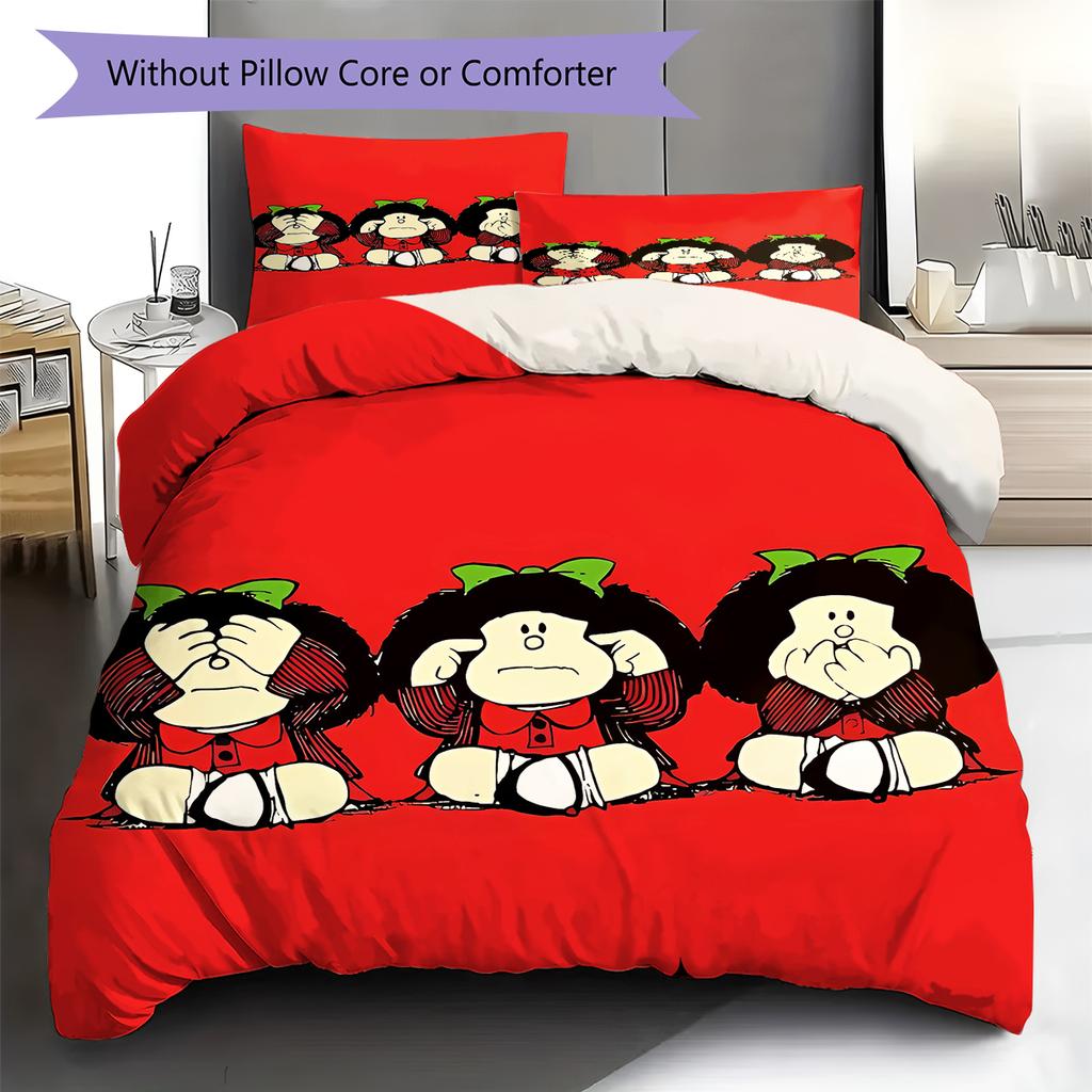 Pościel z wzorem Mafaldy, Zestaw kołdry Poszewka na kołdrę Poszewka na poduszkę Domowy prezent urodzinowy (1 * poszwa na kołdrę + 2 * poszewki na poduszki, bez rdzenia)