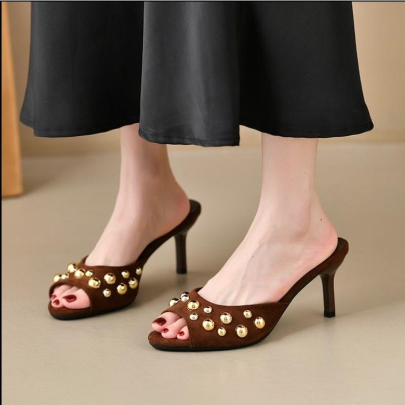 Mode 2025Markenstruktur Damen High Heels Nieten Spitz Offene Zehen Sexy Und Elegant Wildleder Stiletto Design Slipper Große Größe Sandalen