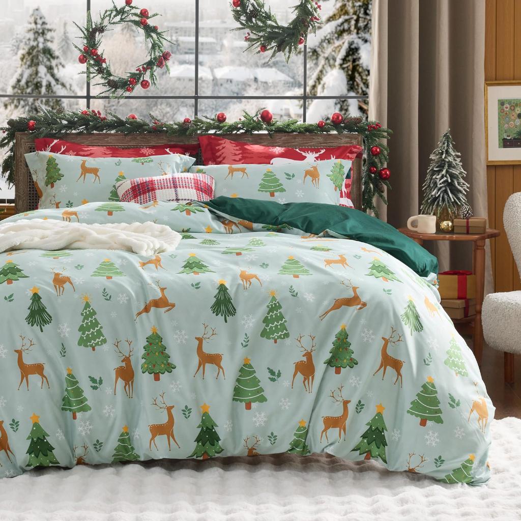 Christmas Snowflake Plaid Printing Quilt Cover Home Textile Bedding Three-Piece Set