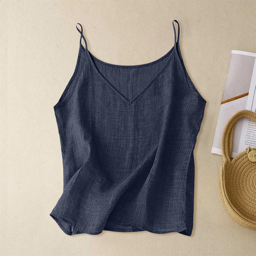Dames V-hals Mouwloze Tanktop Camisole Lichtgewicht Linnen Stof Losse Pasvorm Basic Casual Vest Blouse voor de Zomer