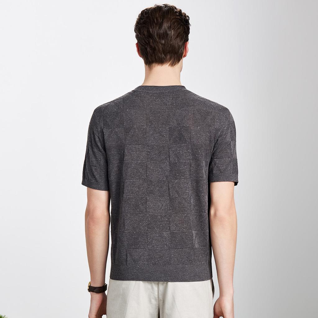 Machine Washable Tencel Linen Spring/Summer Round Neck Short Sleeve T-shirt Men's Checkered Jacquard Breathable Knitted Half Sleeve Shirt