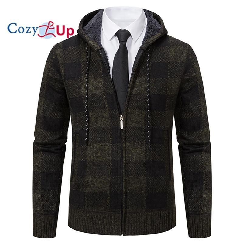 Cozy Up Men Sweater Coat  Autumn Winter Thick Warm Hooded Plaid Wool Sweater Cardigan  Zipper Fleece Coat Men