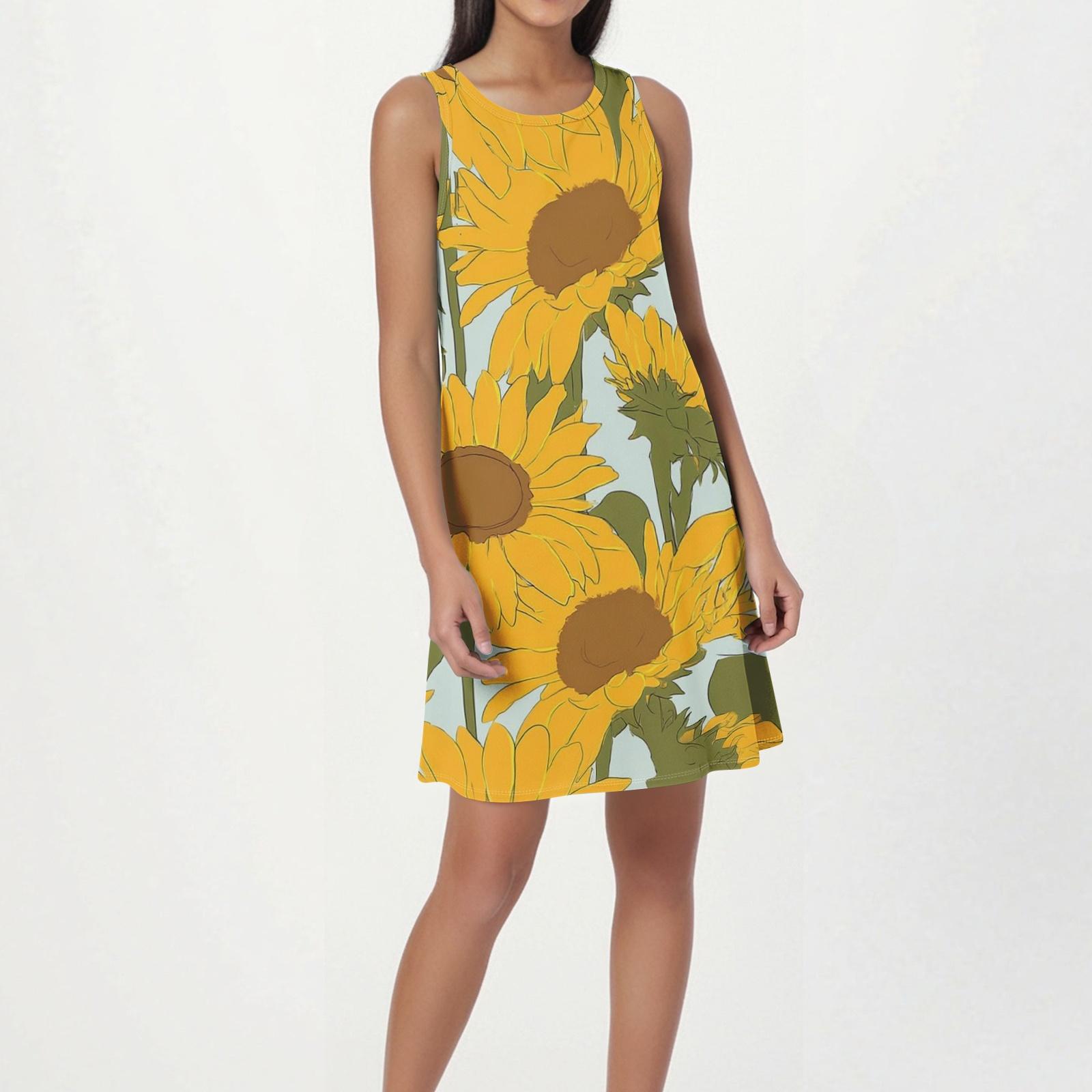 Women s Fashion Beach Dress Sleeveless Round Neck Floral Print Dress L