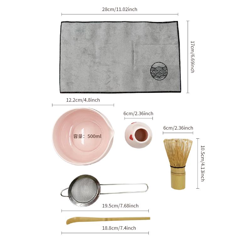5/6pcs Pink Heart Decal Ceramic Matcha Set, Cute Matcha Set Includes Matcha Bowl, Matcha Whisk and Holder, Bamboo Scoop, Sifter