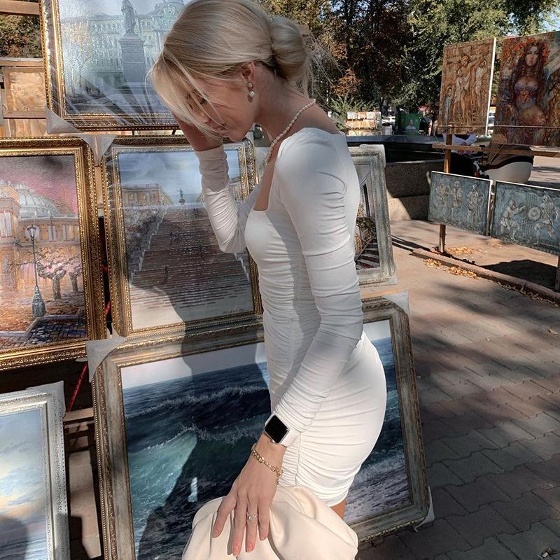 "2024 Spring/Summer European & American Women's Square Neck Pleated Long Sleeve Slim Dress"