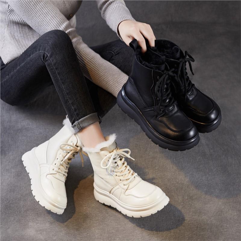 Johnature Genuine Leather Women's Shoes Leisure Thick Soled And Plush Warm Wool Lace-up Short Boots
