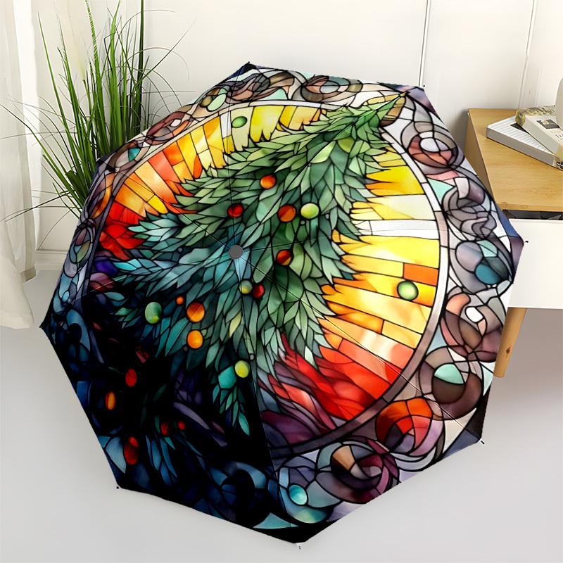 1pc Christmas Tree Stained Glass Automatic Open/Close Umbrella, Portable Folding Umbrella, Compact Travel Umbrella for076