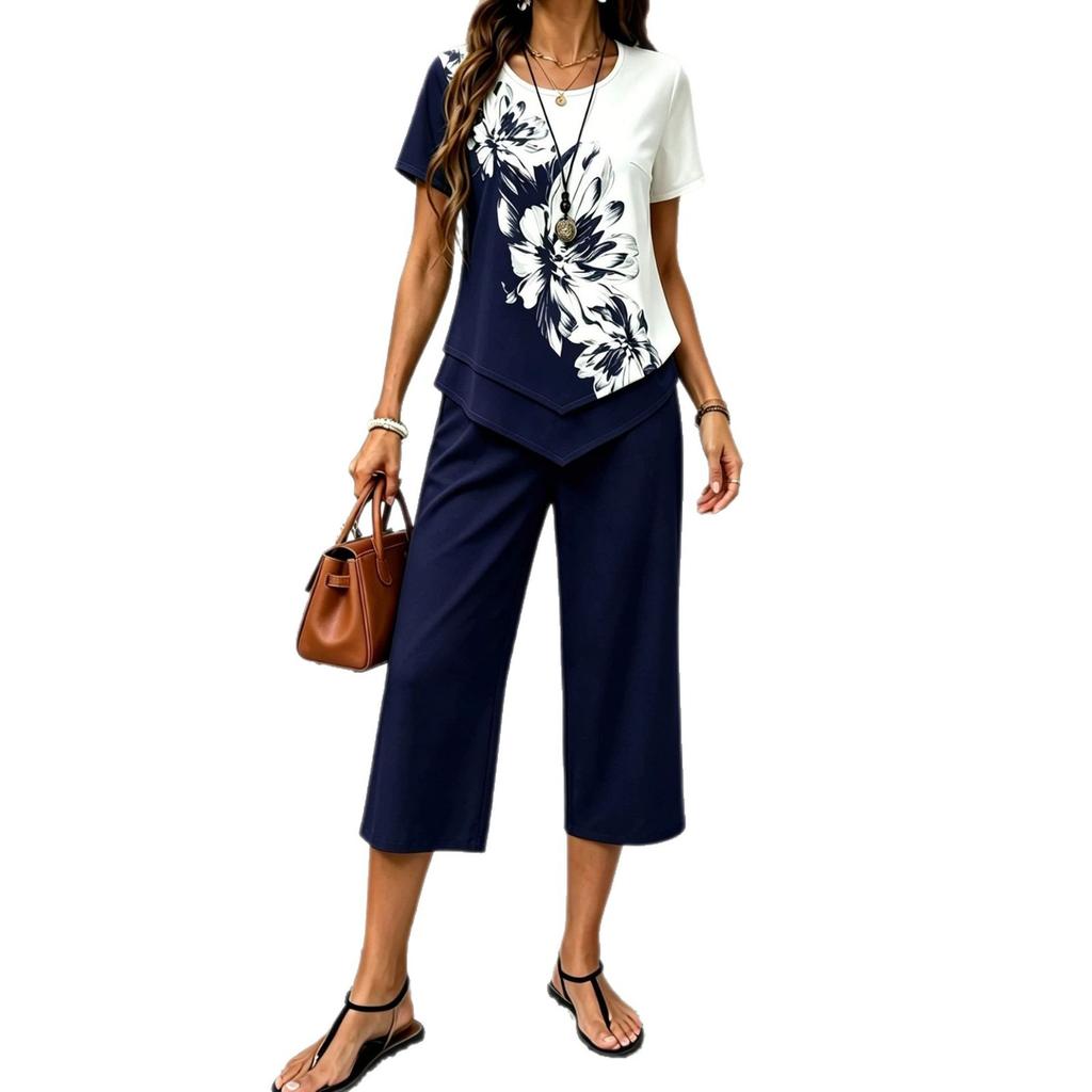 European and American Cross-border TK Amazon Temu2026 Summer Fashion Printing Irregular Top Cropped Pants Two-piece Set