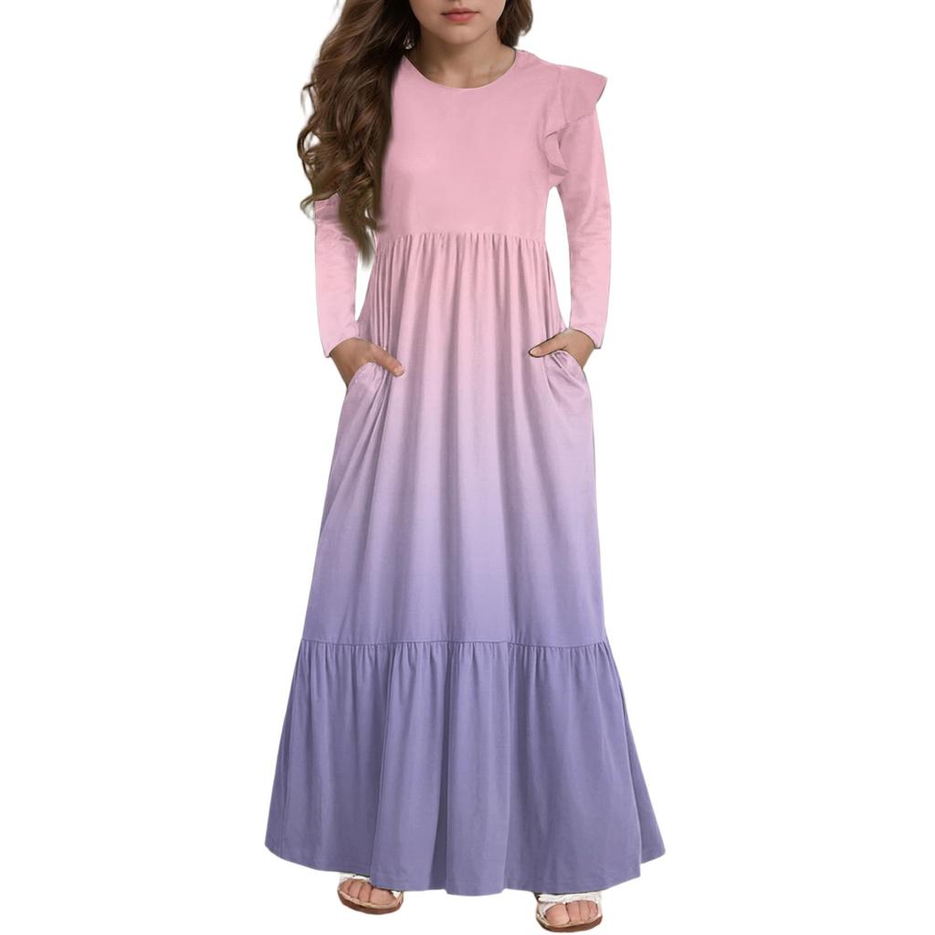 Mädchen Stufenkleid mit Rüschen - Langärmeliges bedrucktes Maxi mit Taschen