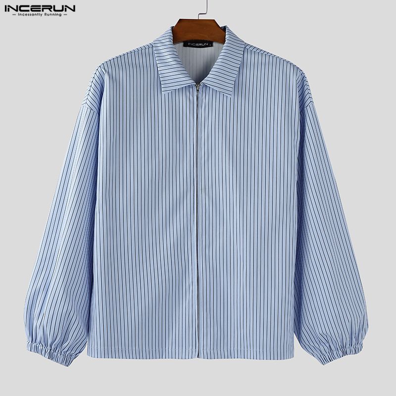 INCERUN Oversized Men Long Sleeve Striped Print Shirts Casual Loose Button Tops