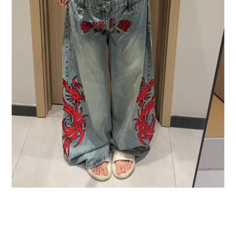 Damskie jeansy z prostą nogawką, luźny krój, vintage, haftowany wzór, średni stan, casualowe, bawełniane spodnie jeansowe