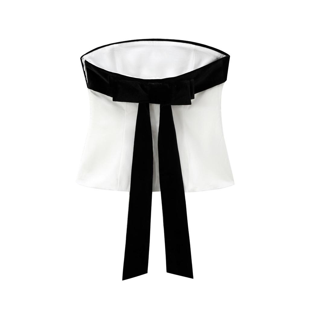 2025 Spring Women's European & American French Style One-Shoulder Bow Ribbon Color Block Bandeau Top