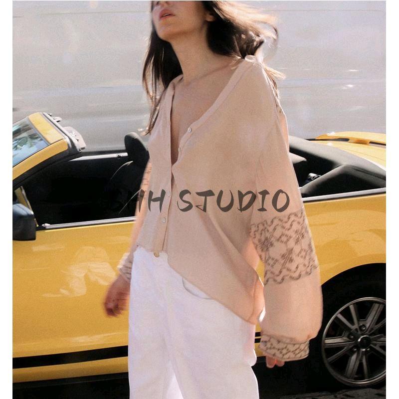 Spring New Women's Clothing French Style Patchwork Embroider Fashion Minimalist Temperament Crew Neck Long Sleeves Shirt 3564053