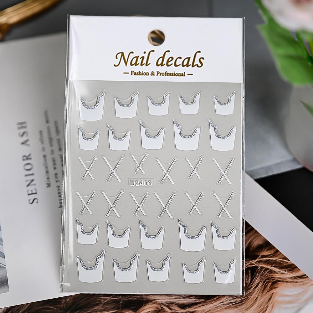 1pcs Gold Glitter French Design Nail Stickers White Silver Curve Lines Stripe Wave Nail Decals Slider Reflective Manicure Wraps