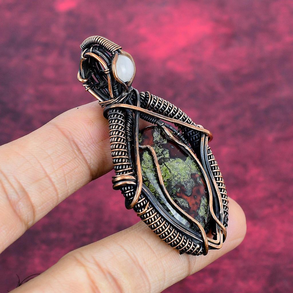 Dragon Bloodstone Gemstone Pendant Copper Wire Wrapped Rainbow Moonstone Jewelry