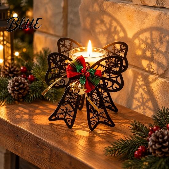 Holiday Home Decor Ornaments Black Metal Candle Holder Hollow Bow Sleigh Reindeer Bell Snowflake Tea Family Gathering Atmosphere Props Light