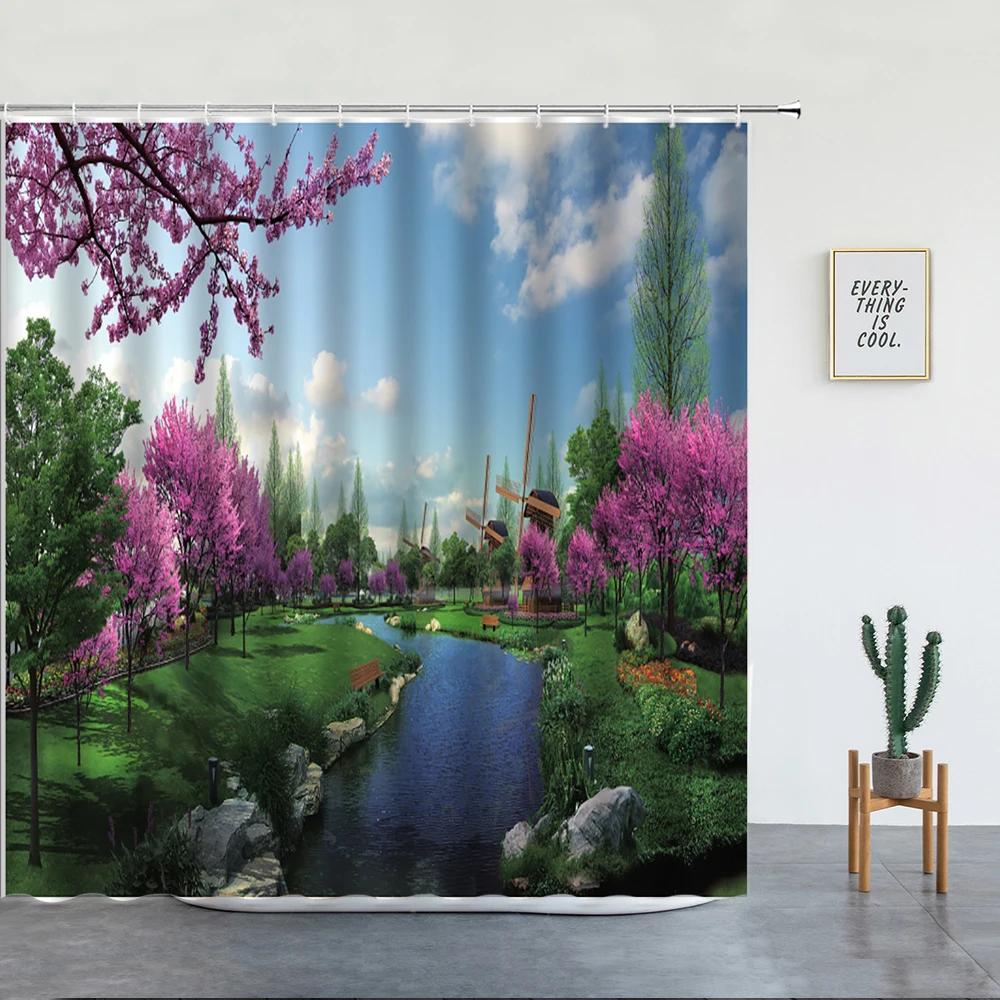 Spring Garden Landscape Shower Curtains Green Plants Flowers Creek Natural Scenery Bath Curtains Bathroom Decor With Hooks