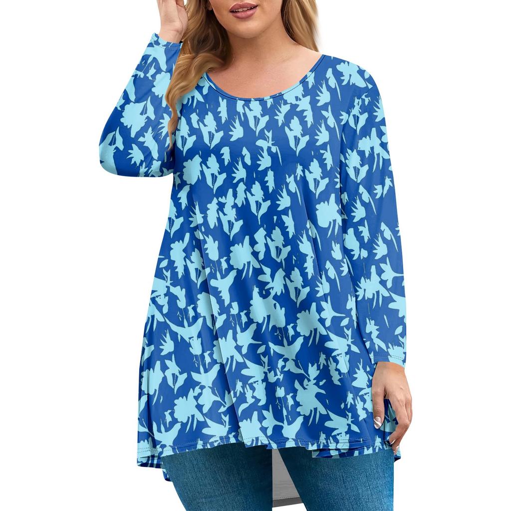 Dames pluss størrelse topp, hageskrage langermet skjorte, moteriktig blomsterprint avslappet topp