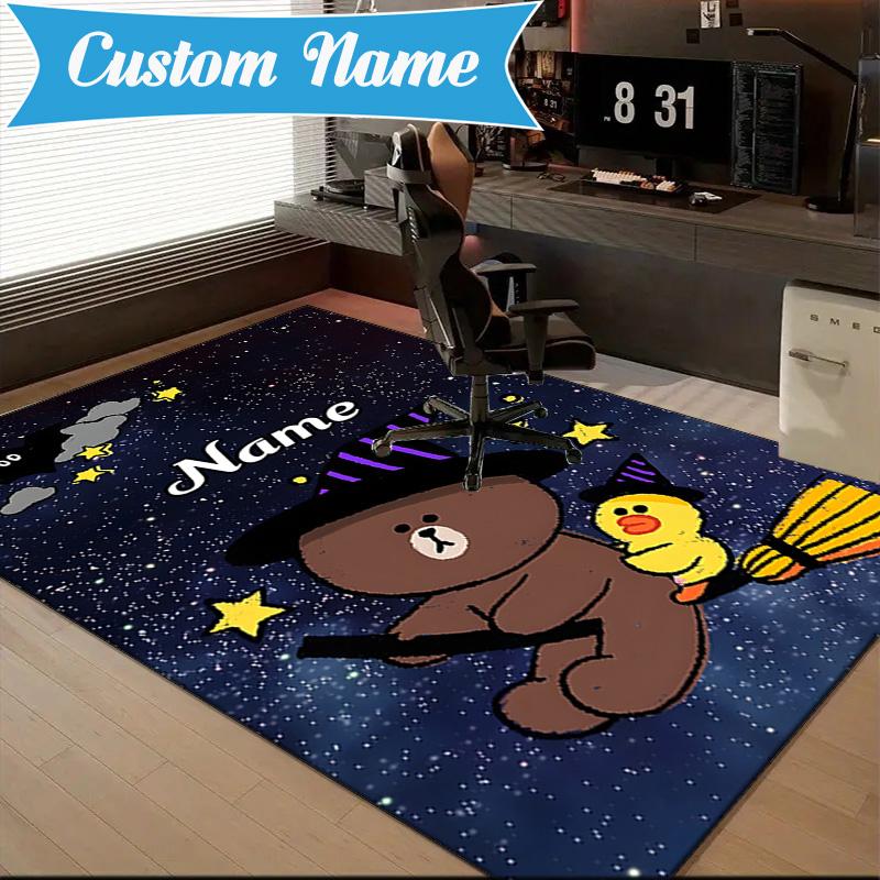 Custom Name Happy Birthday Brown Bear Rug for Living Room, Game Rooms, Office, Bedroom, Floor Mat Playful Design, fan gifts Christmas decor