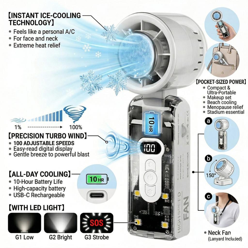Portable Mini Handheld Fan USB Rechargeable High Speed Folding Cooling Fan with Digital Display & LED Light