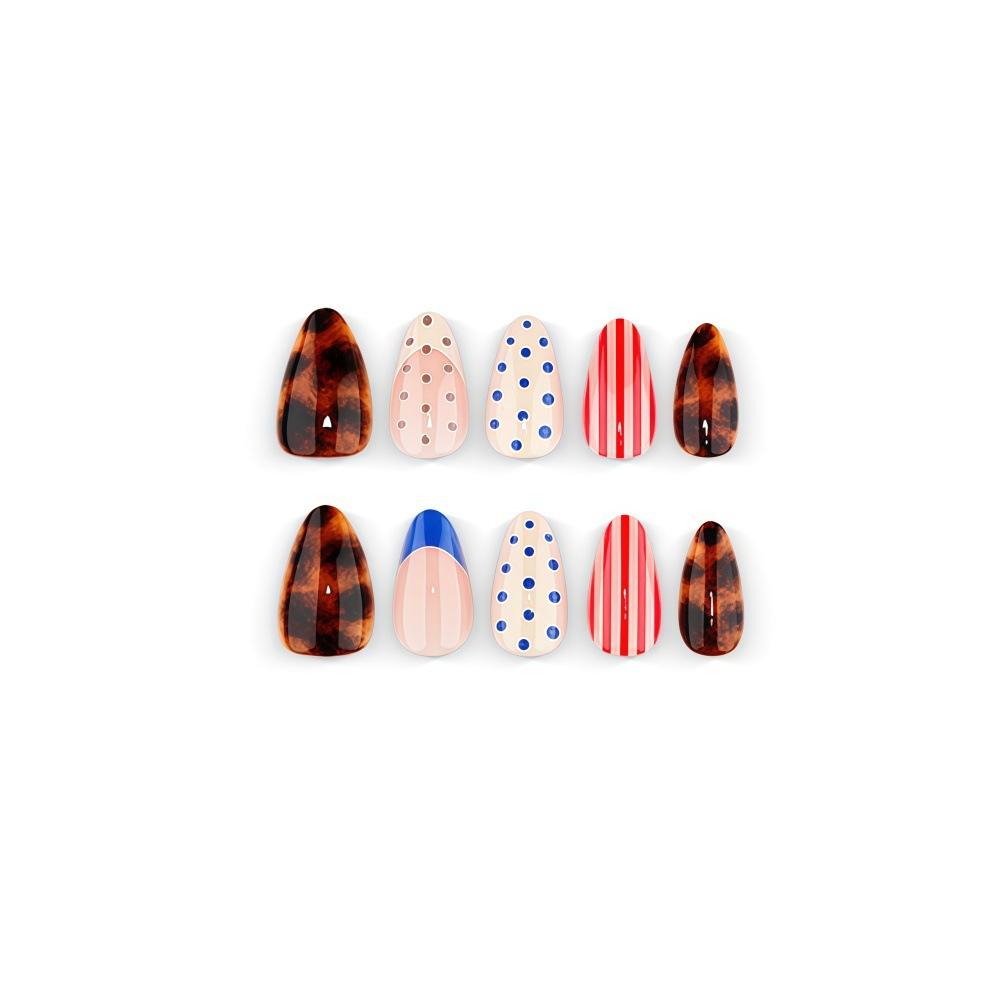Red And Blue Polka Dot Tortoise Shell Wearable Nails Candy Stripes French Short Almond Manicure Patches Wearable Fake Nails