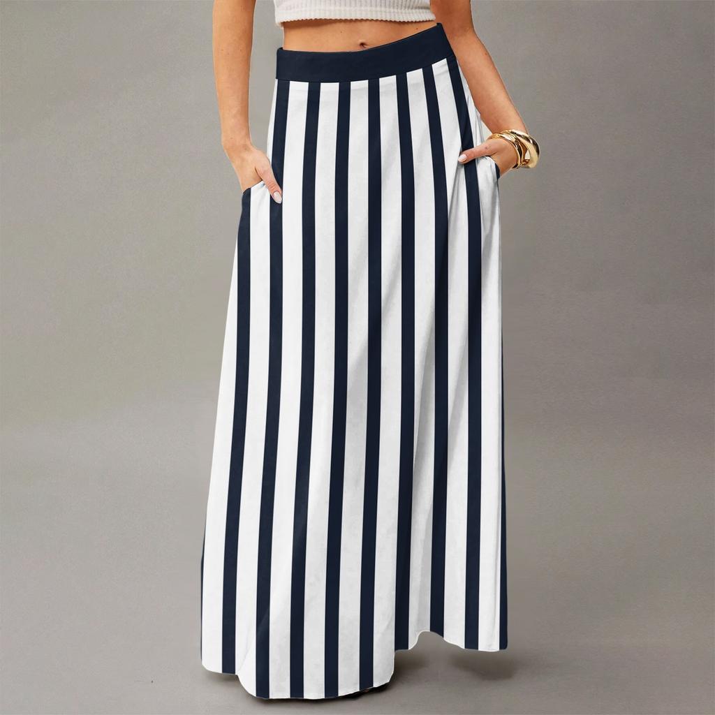 Damen Lässig Freizeit Faltbar Gestreift Kariert Druck Hohe Taille Mit Tasche Drapierter Entspannter Langer Maxi Rock