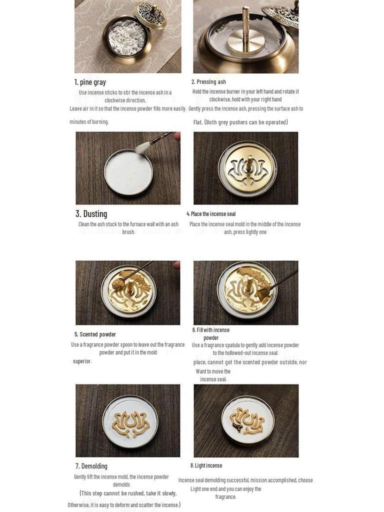 Kodo Set: Brass Ash Press Incense Burner & Pure Incense Powder with Dazuan Seal Mold for Home Use