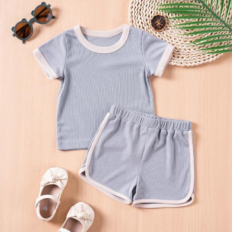 Boys Girls Ribbed Summer Outfit Set Toddler Short Sleeve T Shirt Shorts Children 2Pcs Clothes Sets Korean