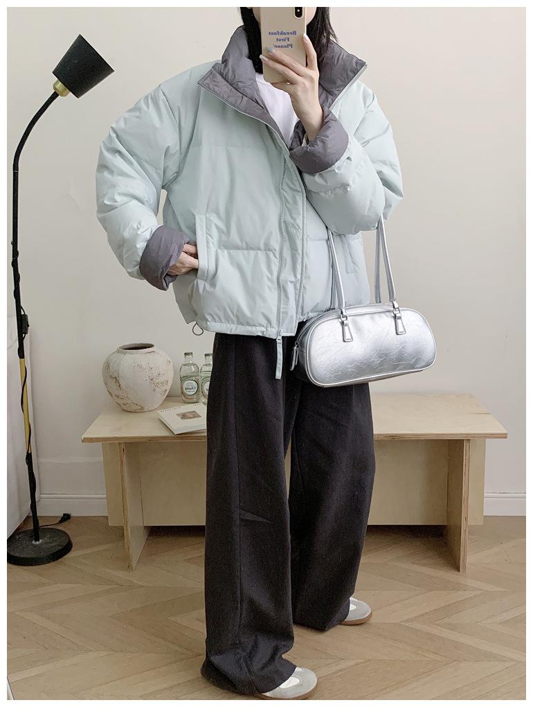 Women's 2025 Winter Korean Style Short Down Jacket, Thickened Stand-up Collar, Petite All-match White Duck Down Color Block Puffer.