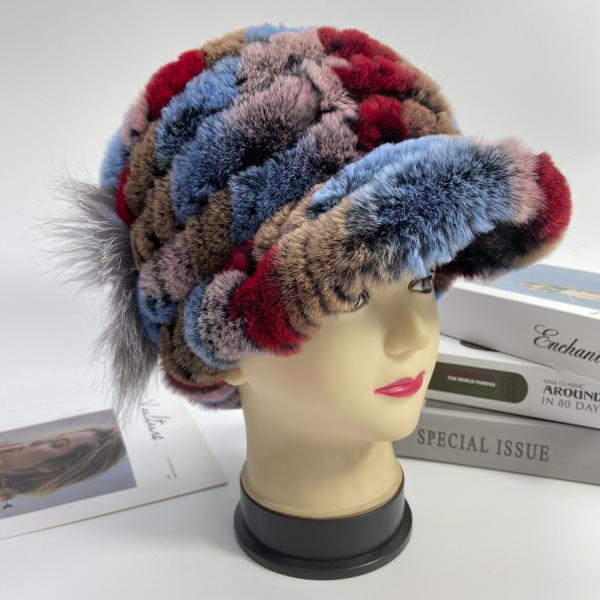 Winter Rabbit Fur Caps for Women Fox Fur Floral Natural Rex Fur Hats Elastic Beanies Warm Fashion Ladies Snow Hat LQ11205