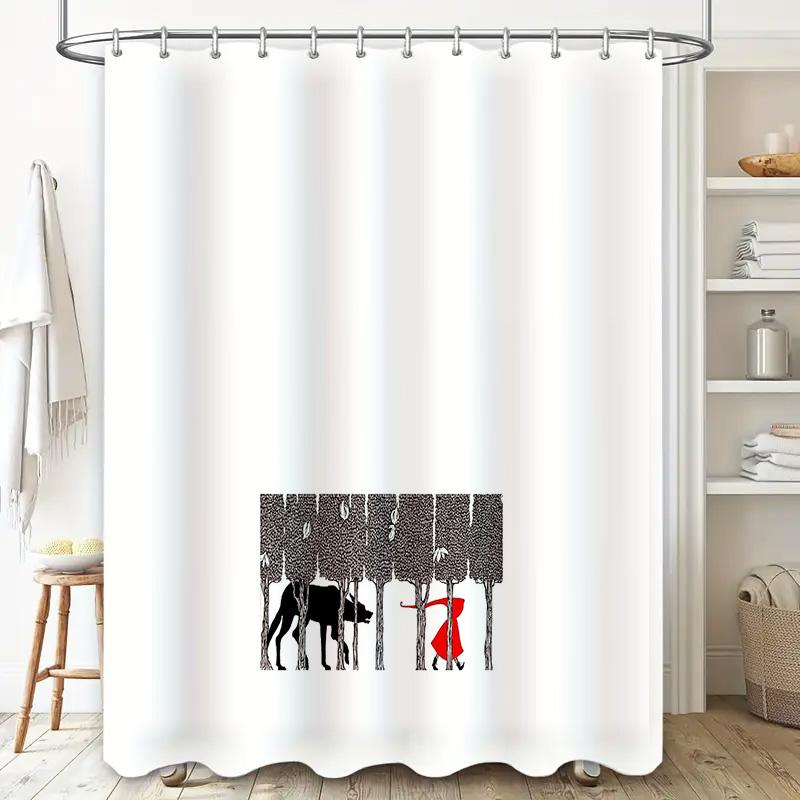 Red Riding Hood Forest Shower Curtain Gothic Horror Spooky Halloween Decor Vintage Landscape Washable Bathroom Fabric