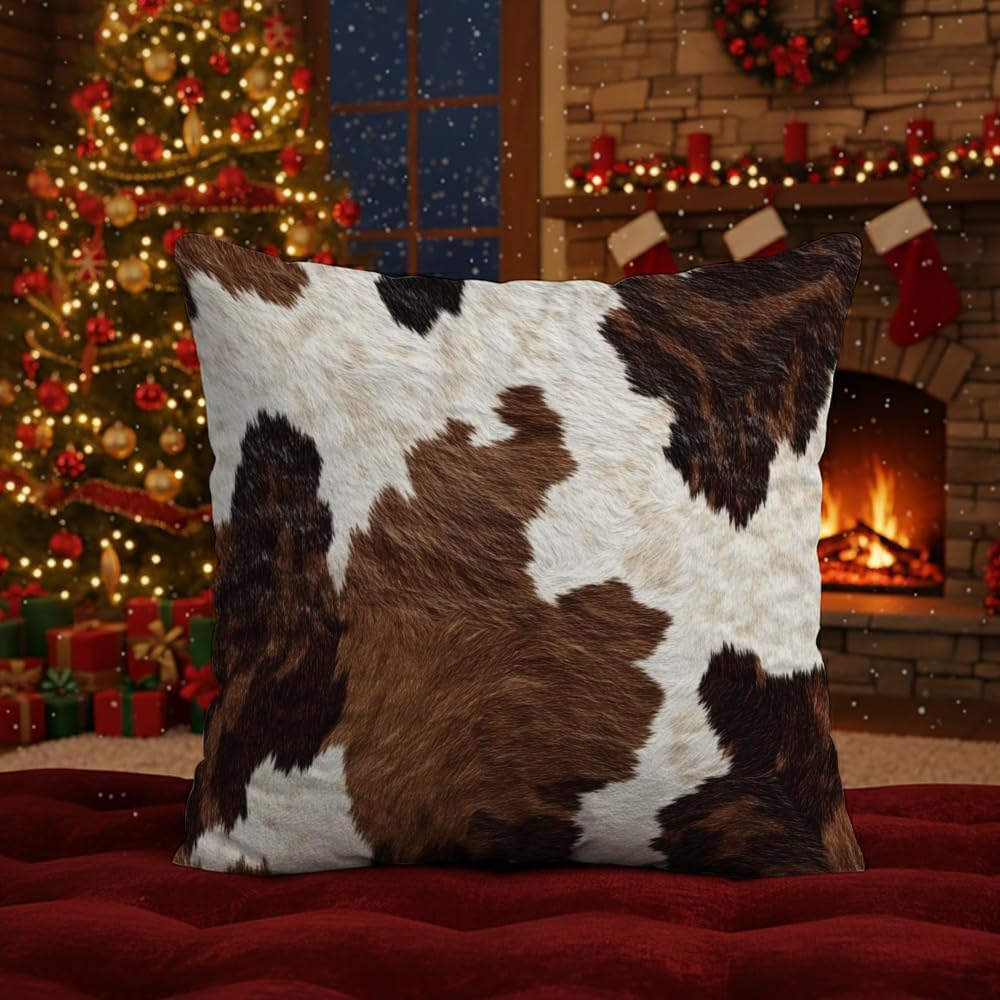 Western Throw Pillow Covers 18x18,Rustic Cow Print Pillows,Western Room Decor Brown Throw Pillows Covers for Counch Sofa Living Room