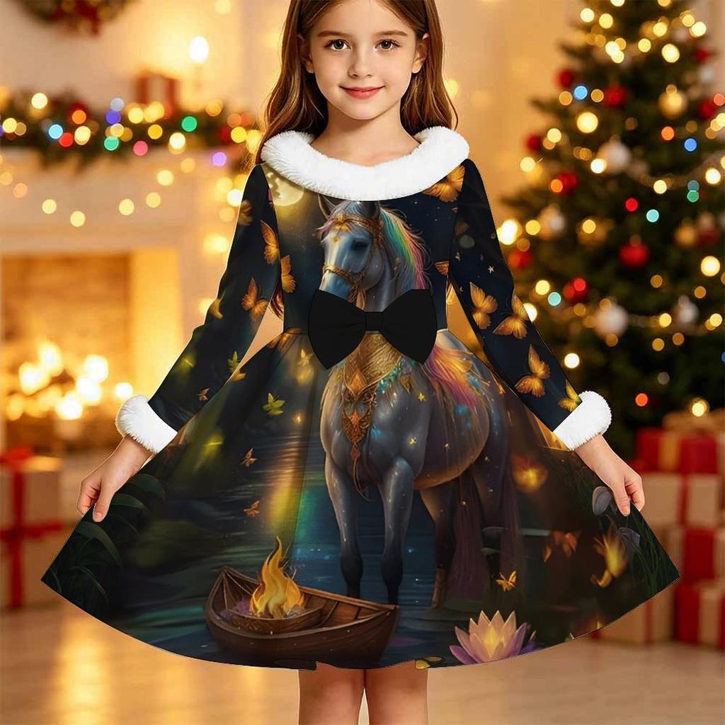 Kids Long Sleeve Christmas Dress, Snowman Print Faux Fur Collar Bow Decor Princess Dresses for Girl Holiday Party Wear