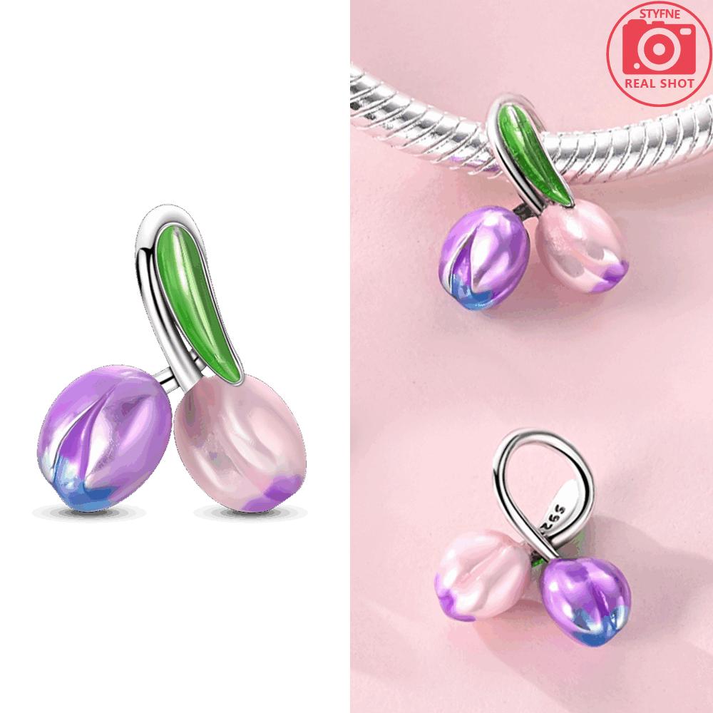 Original Copper Butterfly Clover Pendant Pink Flowers Bead Fit Bracelet Women Jewelry Diy Anniversary Fine Gift