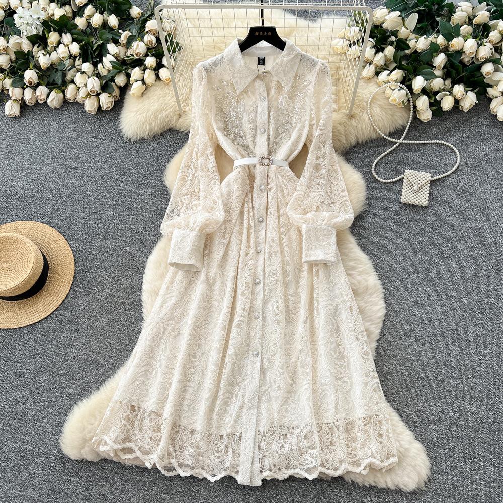 French Retro Heavy Industry Embroidery Bead Sequin Mesh Embroidery Strap Waist Single-breasted Dress Women's Elegant Long Skirt