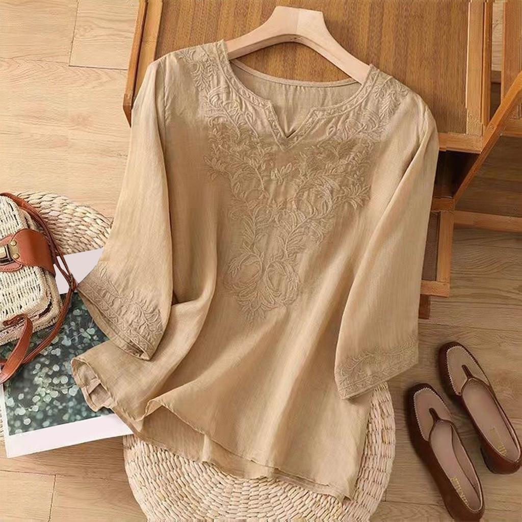 Women's Vintage Inspired Loose Fit Embroidered Mid Length Sleeve Cotton Linen Blend Top
