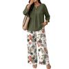 Women's Casual Button Front Top with Three Quarter Sleeves and Wide Leg Floral Print Pants Two Piece Set Comfortable Loose Fit