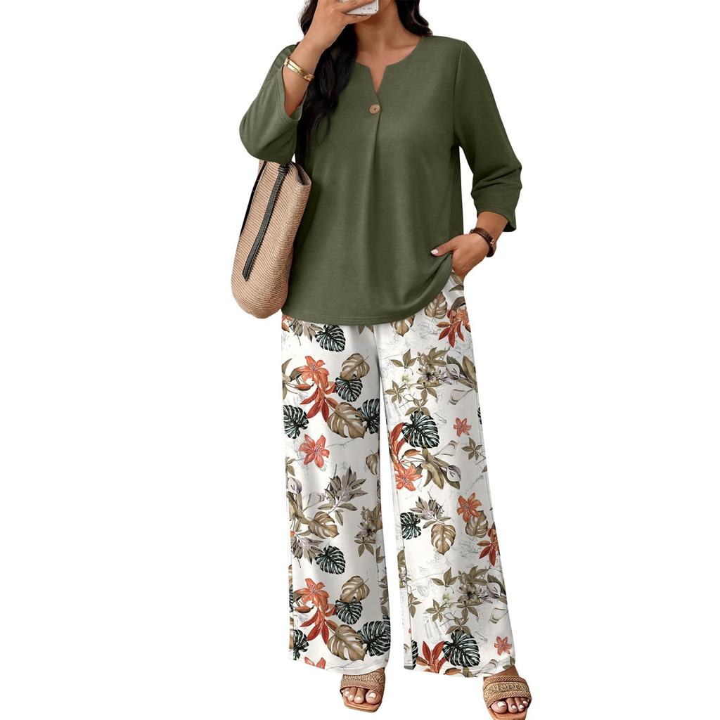 Women's Casual Button Front Top with Three Quarter Sleeves and Wide Leg Floral Print Pants Two Piece Set Comfortable Loose Fit