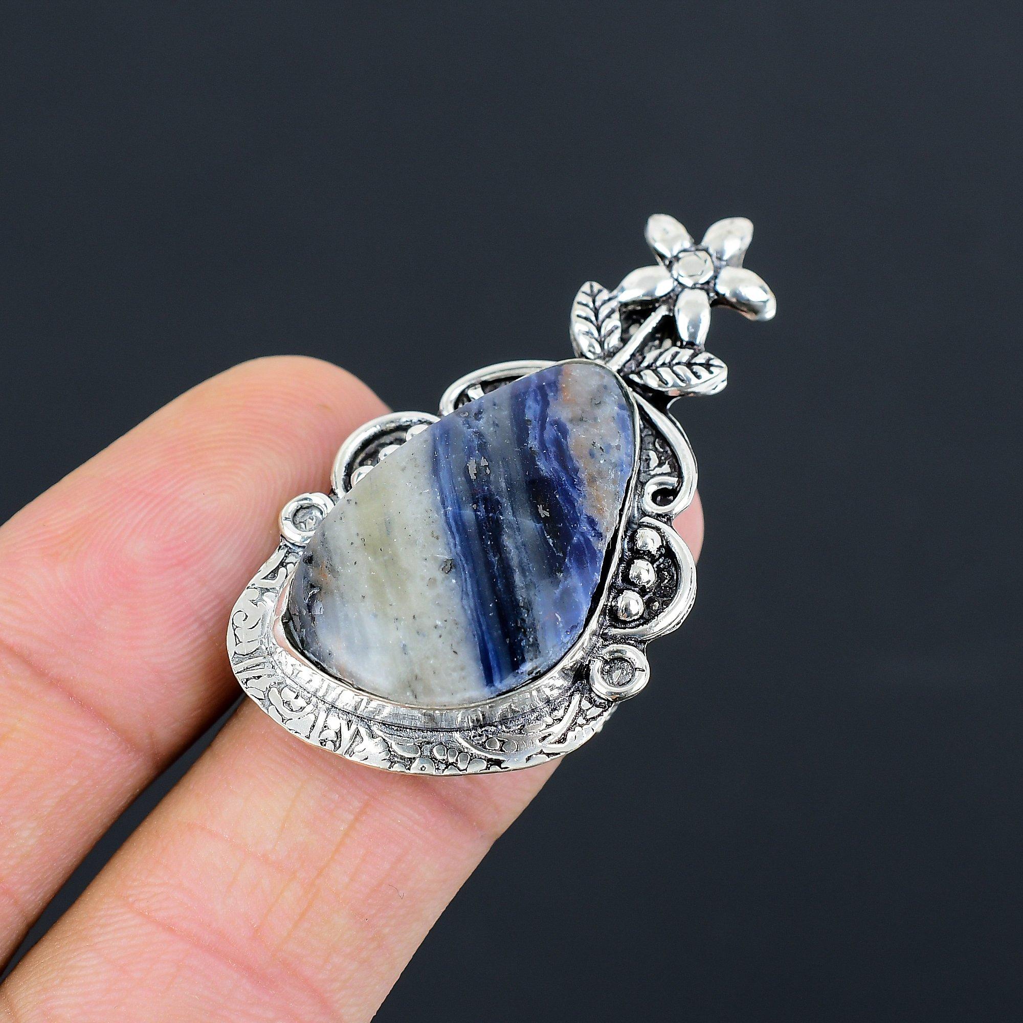 925 Silver Sodalite Gemstone Flower Stackable Anniversary Ring Jewelry Size 7.5 7.5