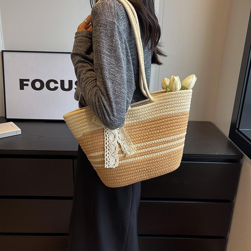 New Cotton Thread Tote Handmade Woven Crochet Handbag Women Summer Casual Large Capacity Beach Basket Travel Straw Braided Bag